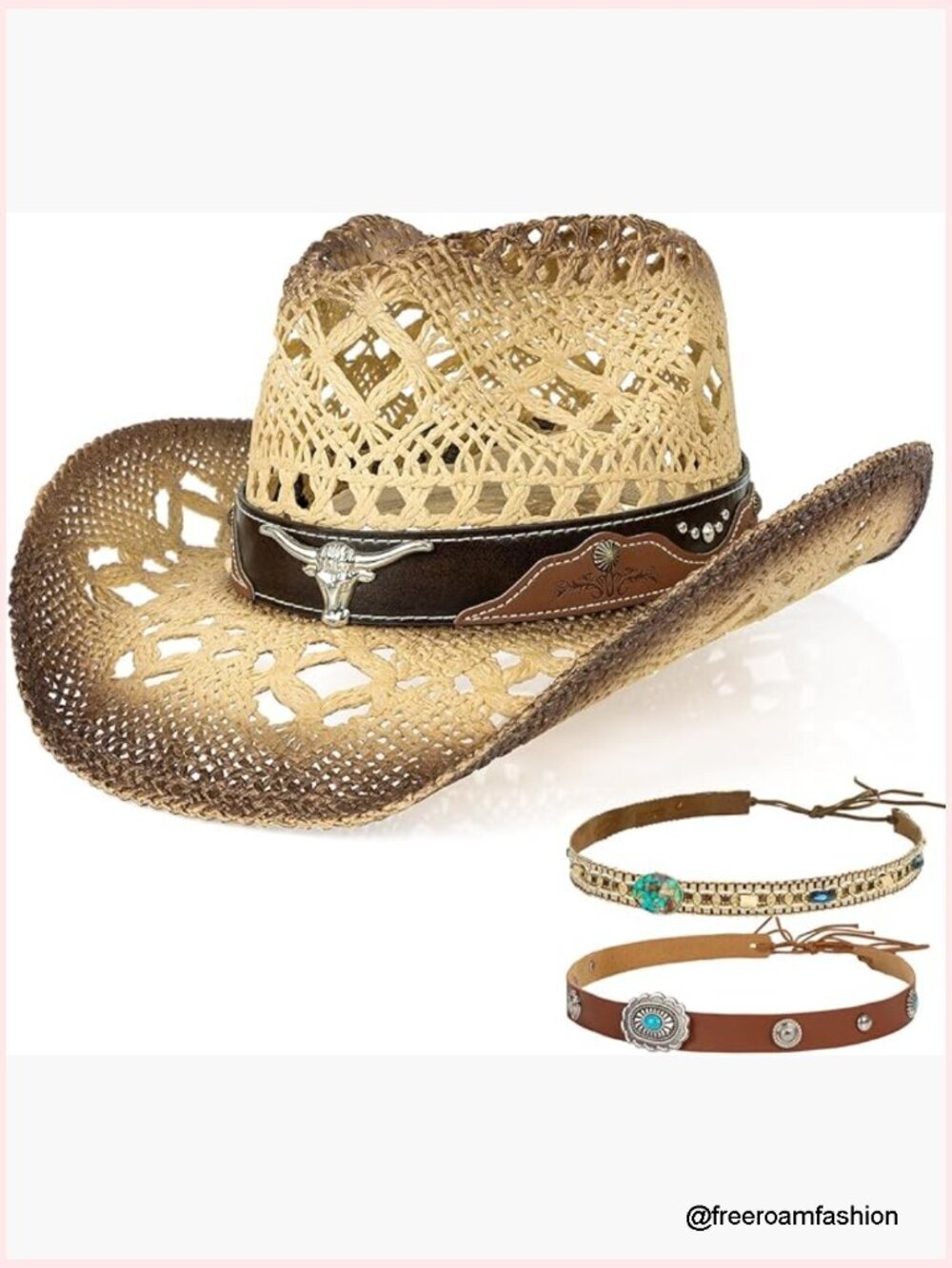 Straw Cowboy Hat with 3 Interchangeable Bands, One Size